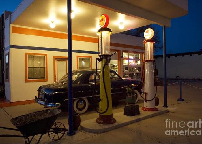 Flames Greeting Card featuring the photograph Route 66 Garage At Night by Bob Christopher