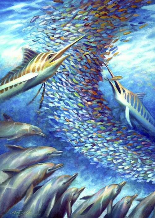 Oil Painting Greeting Card featuring the painting Sailfish Plunders Baitball I - Marlin and Dolphin by Nancy Tilles