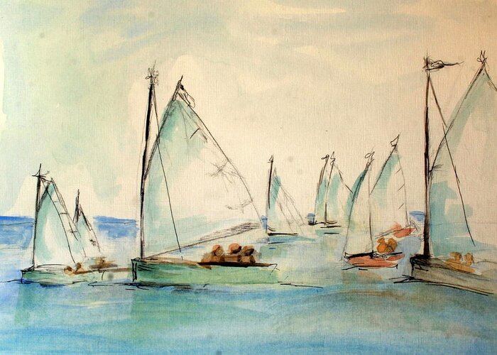 Paintings Greeting Card featuring the painting Sailors in a runabout by Julie Lueders 