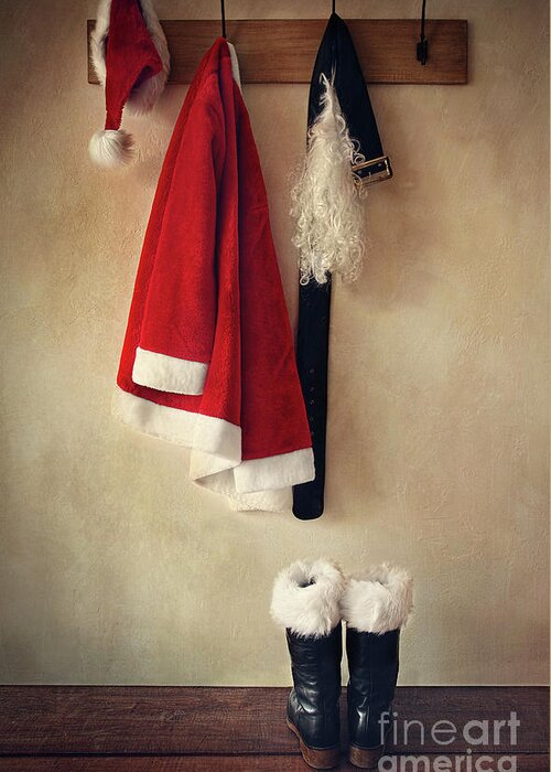 Background Greeting Card featuring the photograph Santa costume with boots on coathook by Sandra Cunningham