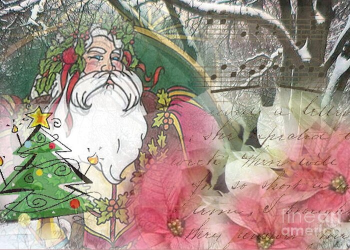 Christmas;christmas Tree;poinsettias;vintage Santa;snow;snowman;art;digital Collage Greeting Card featuring the digital art Santa's Snow Garden by Ruby Cross