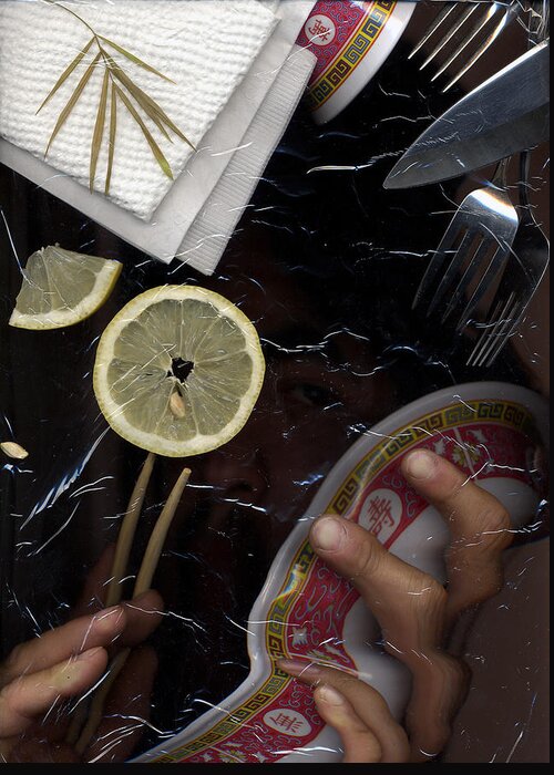 Scanner Lemon Cutlery Cuisine Napkins Dinner Lunch Breakfast Stock Photography Seed Asian Bowl Hidden Image Fork Knife Dark Texture Food Meal Hunger Hungry Eat Greeting Card featuring the photograph Scan by Gabe Arroyo