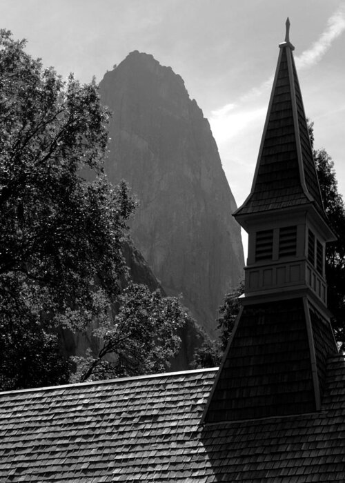 Black And White Greeting Card featuring the photograph Sentinel Rock and Yosemite Valley Chapel by Troy Montemayor
