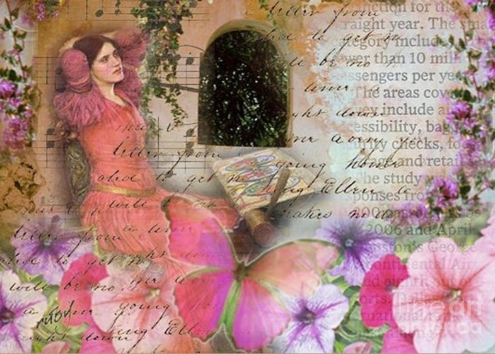 Art;digital Collage;vintage;lady;waterhouse;flowers;window Greeting Card featuring the digital art Shadows of the Night by Ruby Cross