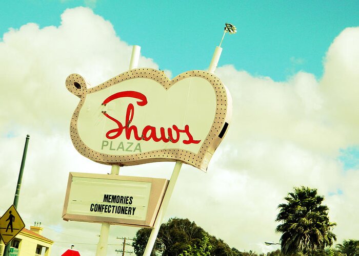 Retro Greeting Card featuring the photograph Shaws Plaza Retro Sign by Kathleen Grace
