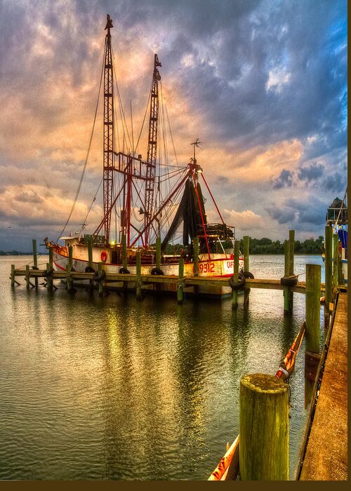 Clouds Greeting Card featuring the photograph Shrimp Boat at Sunset by Debra and Dave Vanderlaan