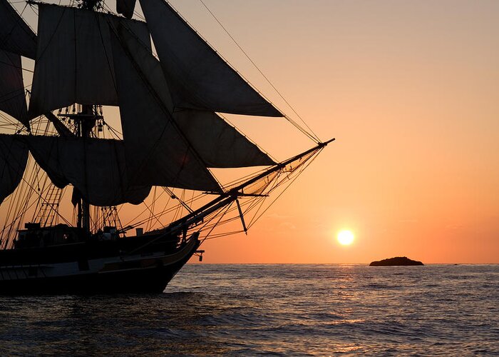 Silhouette Greeting Card featuring the photograph Silhouette of tall ship at sunset by Cliff Wassmann