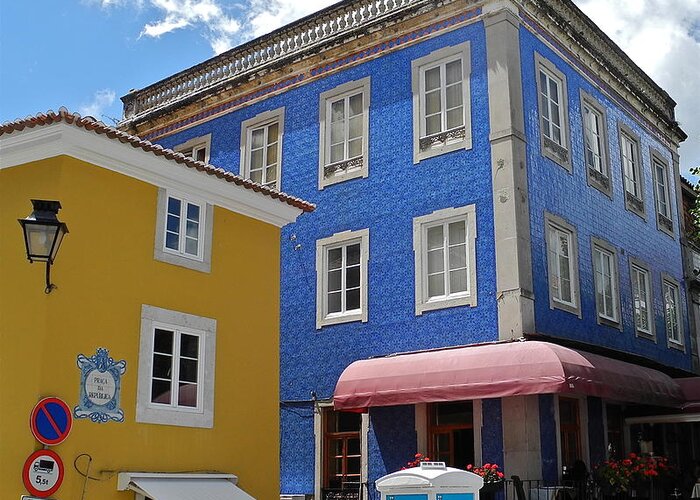 Blue Tile And Yellow Stucco Buildings Greeting Card featuring the photograph Sintra Portugal Buildings by Kirsten Giving