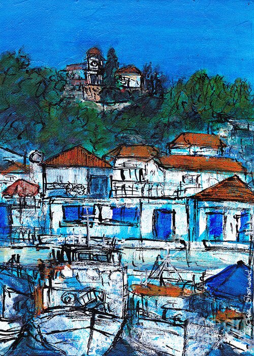 Greece Greeting Card featuring the painting Skiathos Town Greece by Jackie Sherwood
