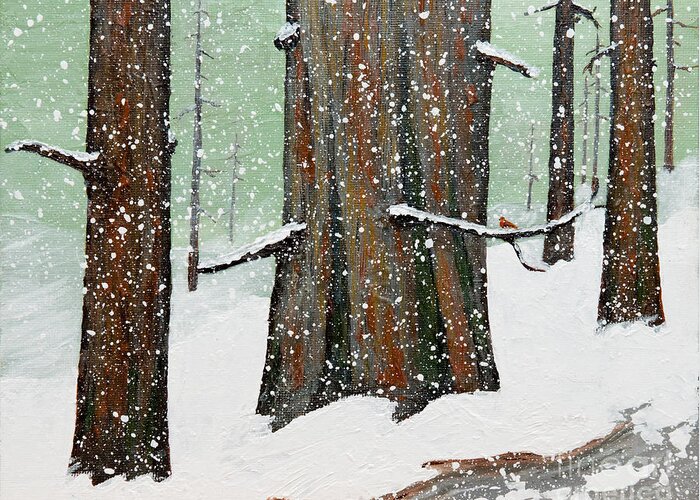 Redwood Greeting Card featuring the painting Snowy Redwood by L J Oakes