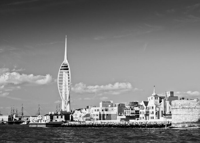 Portsmouth Greeting Card featuring the photograph Spinnaker Tower and Round Tower Portsmouth BW by Gary Eason