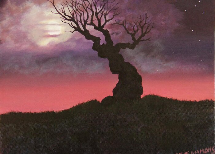 Moonlight Greeting Card featuring the painting Spooky Tree by Janet Greer Sammons
