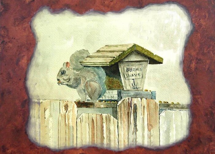 Walnut Burl Wood Greeting Card featuring the painting Squirel at Bird Feeder by Gary Partin
