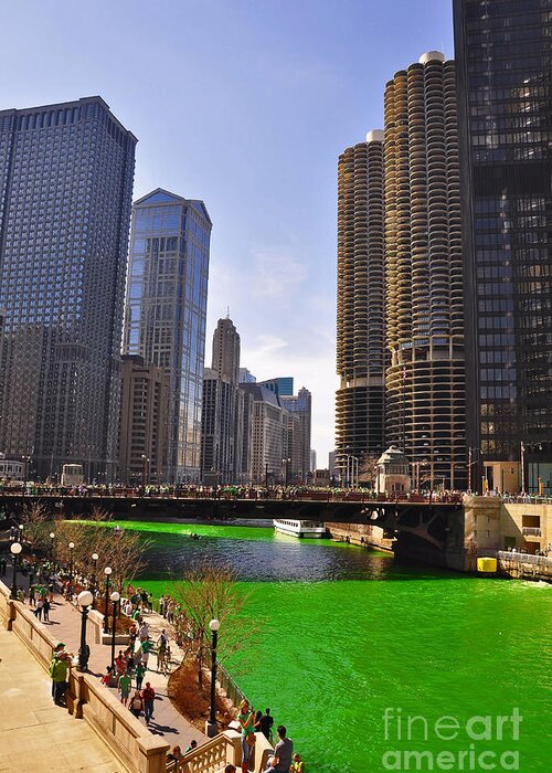 Wrigley Tower Chicago Greeting Card featuring the photograph St Patrick's Day Chicago by Dejan Jovanovic