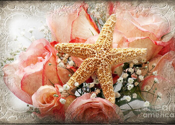 Pink Greeting Card featuring the photograph Starfish And Pink Roses by Andee Design