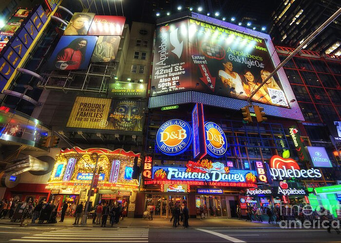Art Greeting Card featuring the photograph Stunning Lights Of 42nd Street by Yhun Suarez
