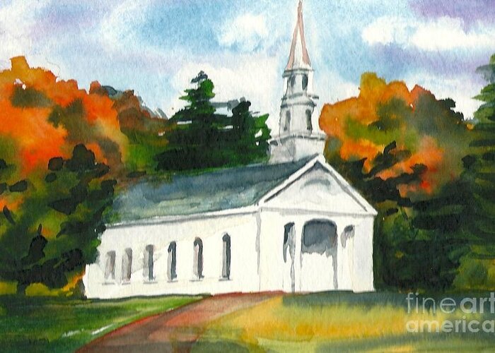 Fall Greeting Card featuring the painting Sudbury Chapel in Fall II by Lynn Babineau