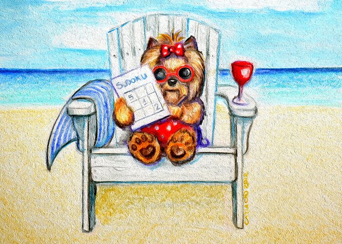Yorkie Greeting Card featuring the mixed media Sudoku at the beach by Catia Lee
