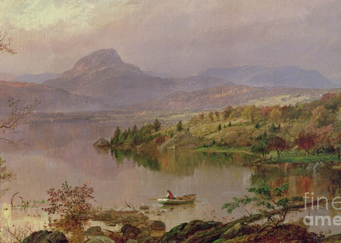 American Landscape; Boat; Mountain; Franklin County; West-central Maine; Spring; Rugged; Solitary; Hudson River School;sugarloaf From Wickham Lake Greeting Card featuring the painting Sugarloaf from Wickham Lake by Jasper Francis Cropsey