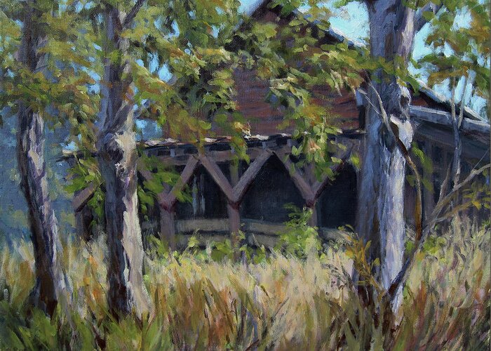 Old Red Barn In Sunshine Greeting Card featuring the painting Summer's End by L Diane Johnson