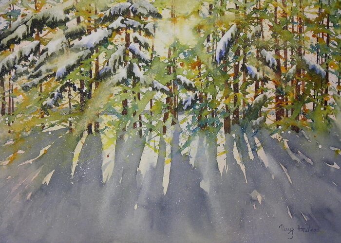 Pine Trees Greeting Card featuring the painting Sun Through the Pines by Terry Honstead