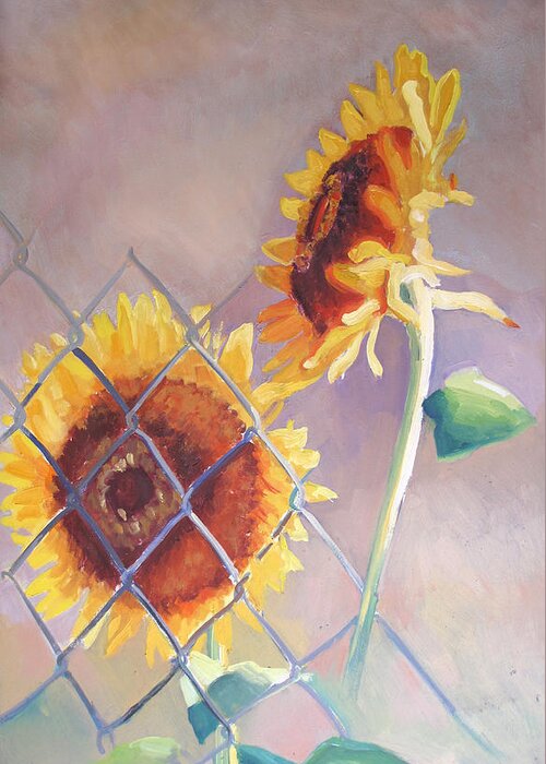 Sunflowers Greeting Card featuring the painting Sunflowers Fenced by Suzanne Giuriati Cerny