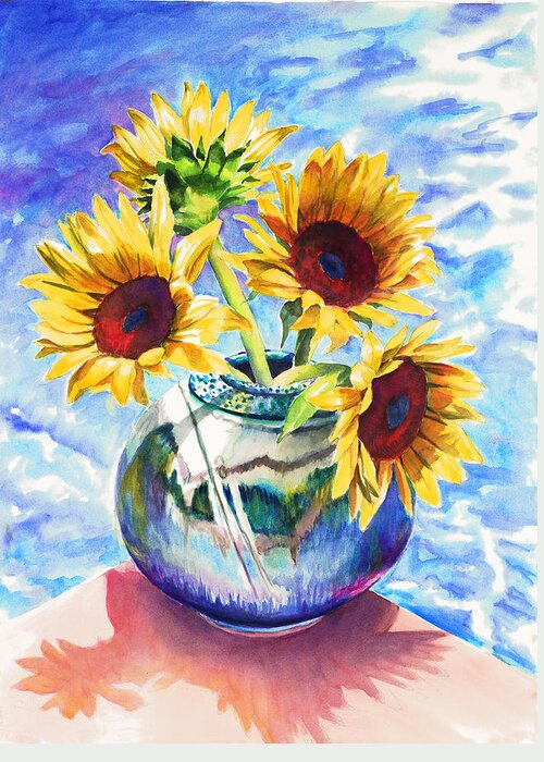 Still Life Greeting Card featuring the painting Sunflowers Sunbathing by Nancy Tilles