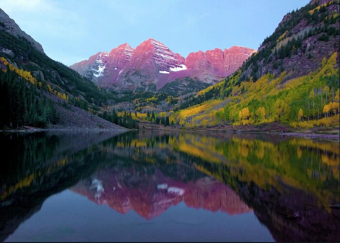 Mountains Greeting Card featuring the photograph Sunrise at Maroon bells by Carolyn D'Alessandro