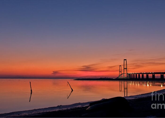 Great Belt Bridge Greeting Card featuring the photograph Sunset by bridge by Jorgen Norgaard