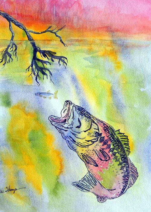 Sunset Dining Or Rainbow Bass? Greeting Card featuring the painting Sunset Dining or Rainbow Bass by Warren Thompson