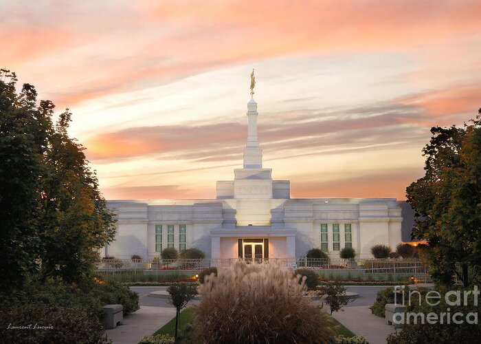Lds Temple Sdj Montreal Greeting Card featuring the photograph Sunset on LDS Montreal Temple by Laurent Lucuix