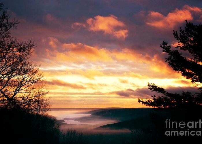 Fog Greeting Card featuring the photograph Sunset over Barkhamsted Reservoir by HD Connelly