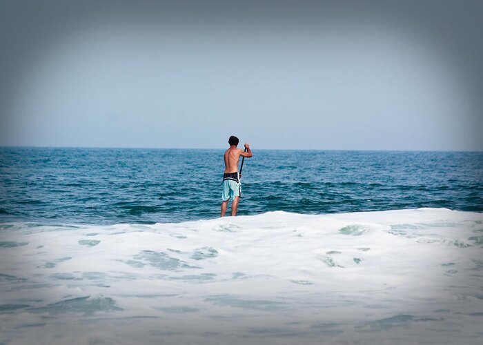 Spring Lake Greeting Card featuring the photograph Surfer Waiting for Next Wave by Ann Murphy