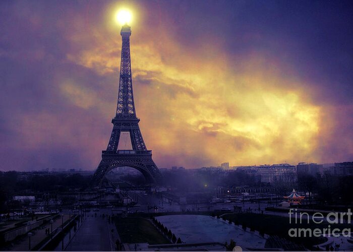 Paris Eiffel Tower Prints Greeting Card featuring the photograph Surreal Fantasy Paris Eiffel Tower Sunset Sky Scene by Kathy Fornal