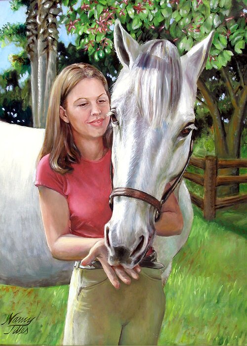  Greeting Card featuring the painting Suzanne with a White Horse by Nancy Tilles