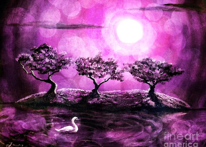 Pink Greeting Card featuring the digital art Swan in a Magical Lake by Laura Iverson