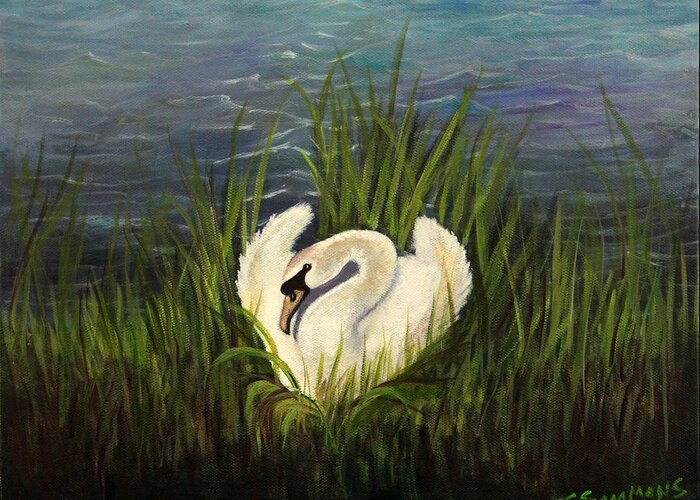 Swans Greeting Card featuring the painting Swan Nesting by Janet Greer Sammons