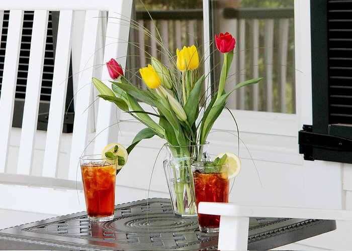 Summertime Greeting Card featuring the photograph Sweet tea and tulips by Toni Hopper