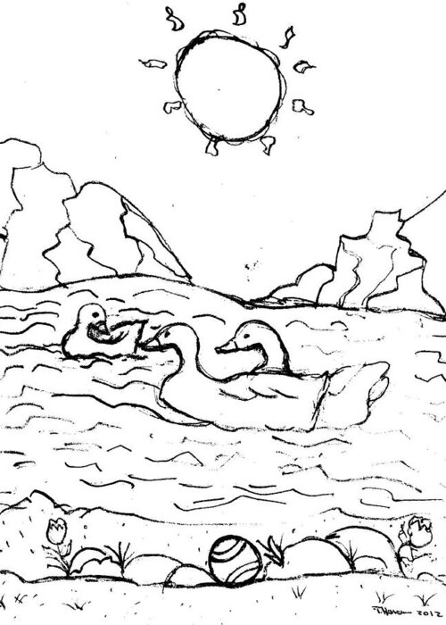 Swimming Geese In Lake Drawing Greeting Card featuring the drawing Swimming Geese Lake Drawing by Thelma Harcum