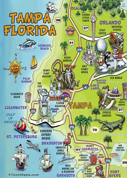 Tampa Greeting Card featuring the painting Tampa Florida Cartoon Map by Kevin Middleton