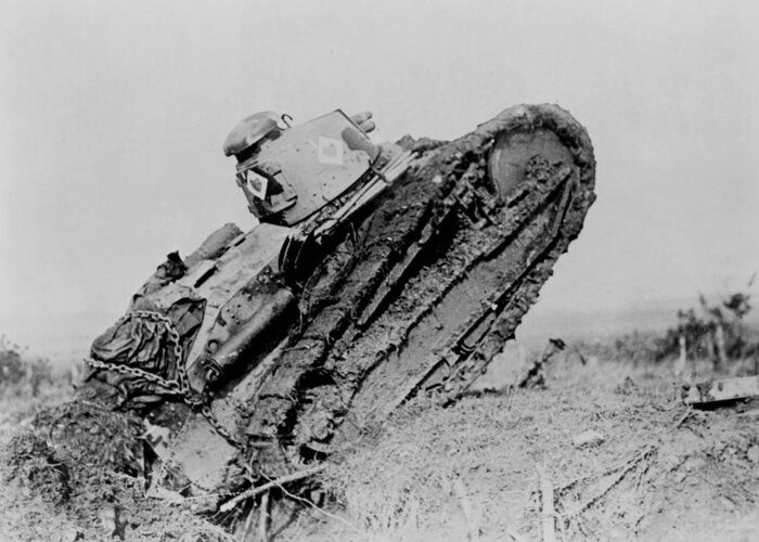 \world War I\ Greeting Card featuring the photograph Tank ploughing its way through a trench and starting toward the German line during World War I by International Images