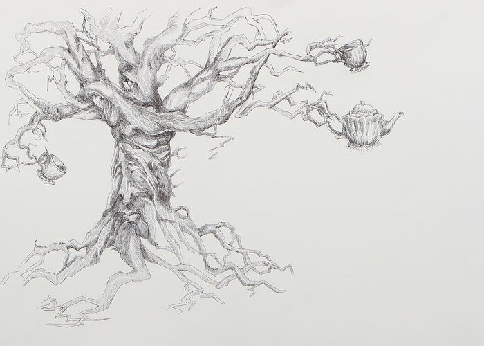 Tree Greeting Card featuring the drawing Tea With a tree by Holly Stone