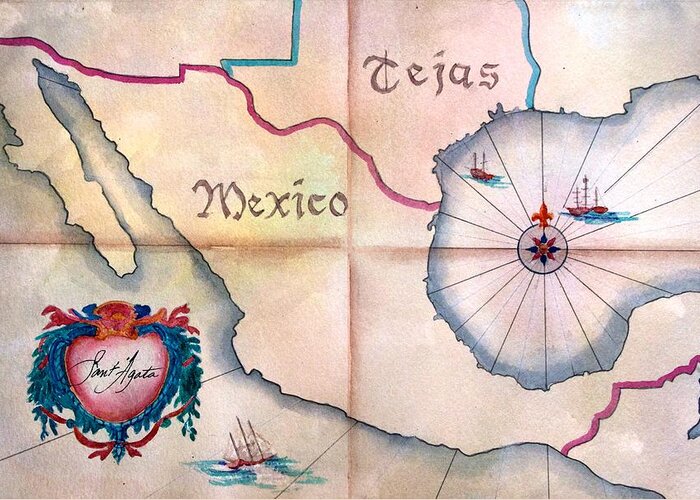 Map Greeting Card featuring the painting Tejas y Mexico by Frank SantAgata