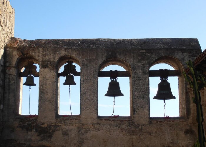 The Bells At The San Juan Capistrano Mission Greeting Card featuring the photograph The Bells at the San Juan Capistrano Mission by Pat Cannon