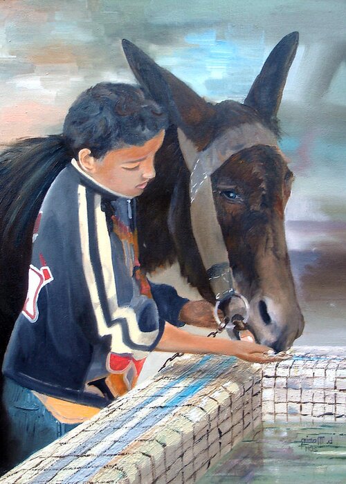 Horses Greeting Card featuring the painting The boy with the mule by Bernard MORIN