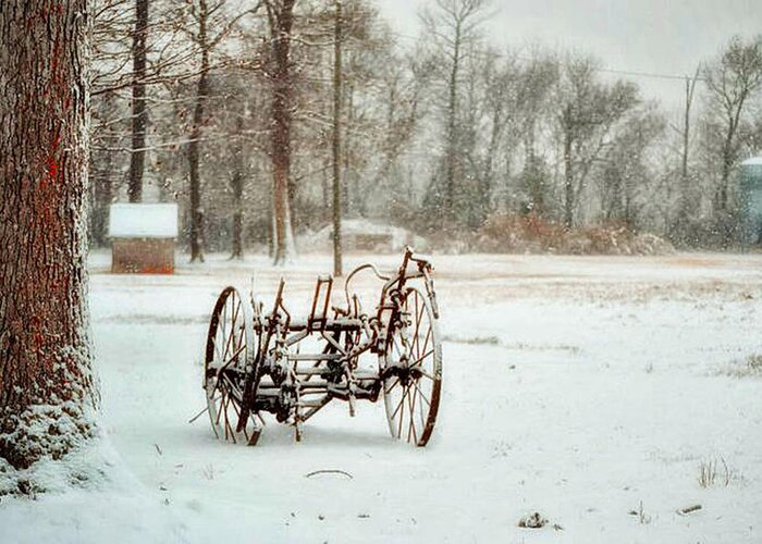 Snow Greeting Card featuring the photograph The Broken Wheel by Kelly Reber