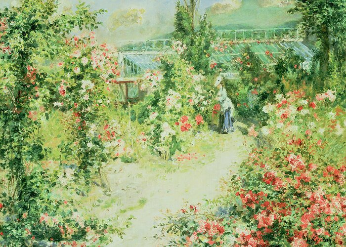 Garden; La Serre; Greenhouse; Impressionist; Le Conservatoire; Pierre Auguste Renoir Greeting Card featuring the painting The Conservatory by Pierre Auguste Renoir