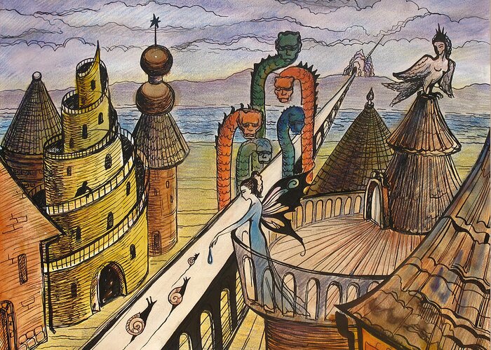 Illustration Greeting Card featuring the painting The Dragon Bridge by Valentina Plishchina