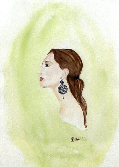 Portrait Greeting Card featuring the painting The Earring by Alethea M