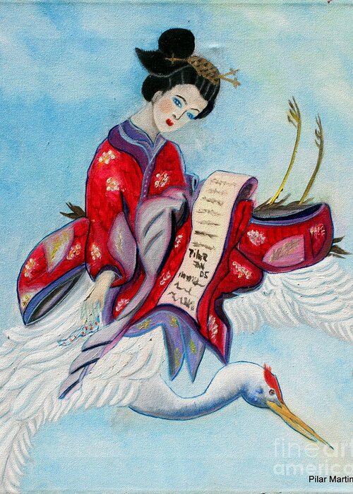 Magical Greeting Card featuring the painting The Flying Geisha by Pilar Martinez-Byrne